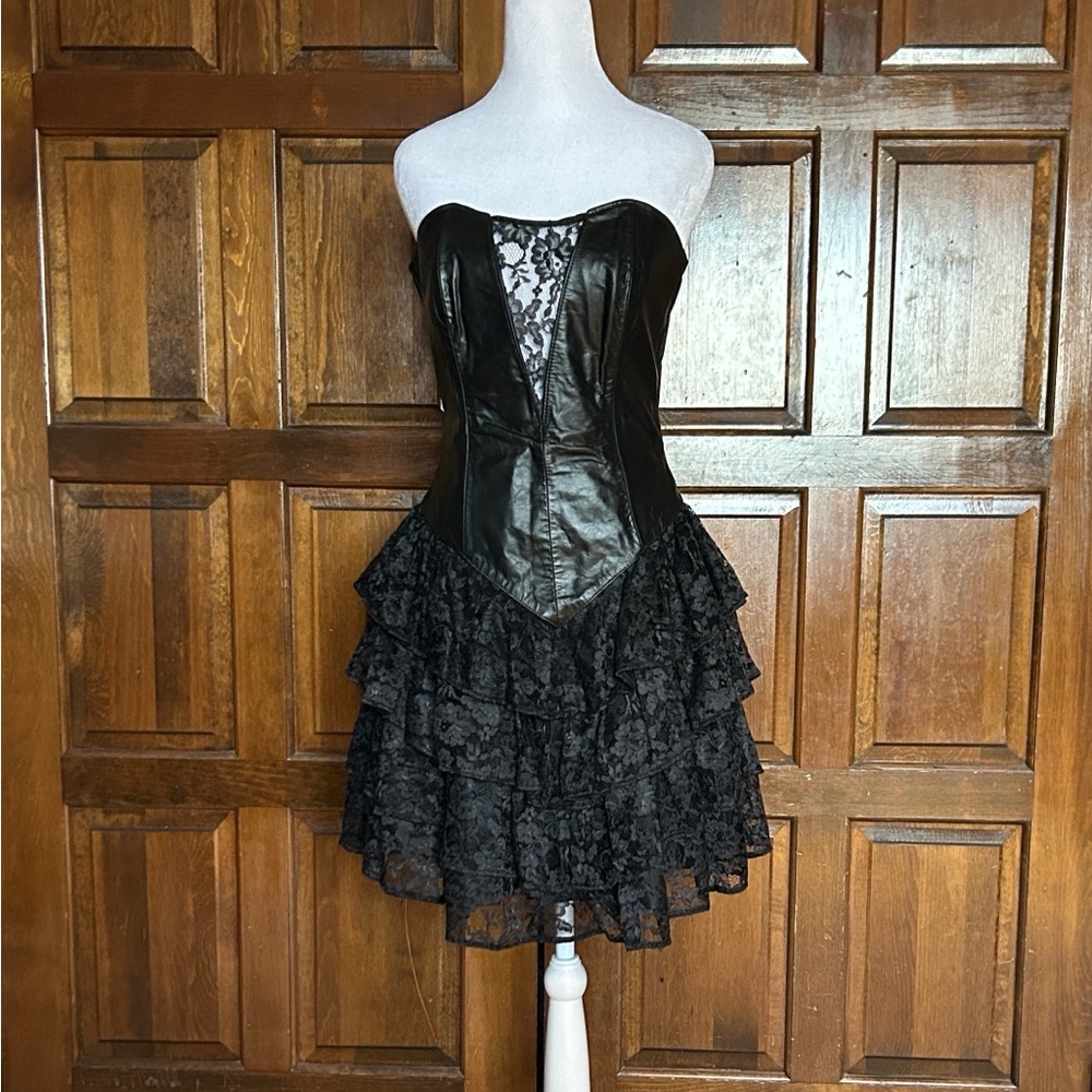 Vintage Chia Leather Corset Lace Tiered Ruffle Dress 90s Korea Rocker Punk Sz 12 - Picture 2 of 13